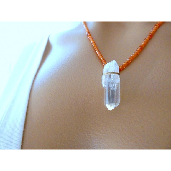 Natural Angel Aura Crystal Quartz Point  Orange Zircon Gold Fill Necklace - Picture 6 of 6